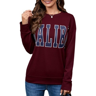 Sweatshirt For Women Lightweight Spring Holiday MALIBU Letter Graphic Crewneck Long Sleeve Pullover Sweatshirt