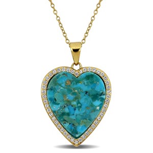 EVERLY JEWELRY | Yellow Silver 4 1/4ct TGW Composite Turquoise and Created White Sapphire Heart Halo Pendant with Chain, 18 inc + 2 inc - 1 of 4