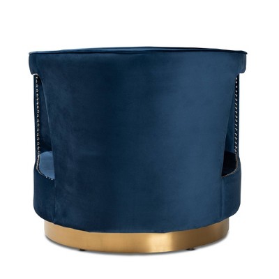 Neville Navy Blue Velvet Barrel Accent Chair with Gold Base