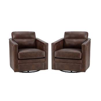 Set of 2 Eulalia 28.74''Wooden Upholstery Wide Genuine Leather Swivel Chair with Swivel Metal Base and  Squared Arms | ARTFUL LIVING DESIGN