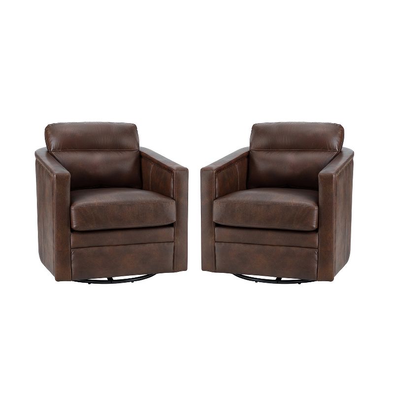 Set of 2 Eulalia 28.74''Wooden Upholstery Wide Genuine Leather Swivel Chair with Swivel Metal Base and  Squared Arms | ARTFUL LIVING DESIGN, 1 of 11