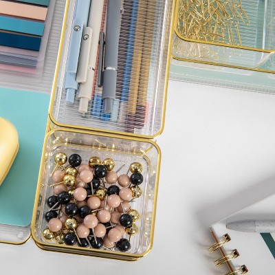 Martha Stewart Clear Plastic Stackable Desk Drawer Organizers with Gold Trim, Set of 8