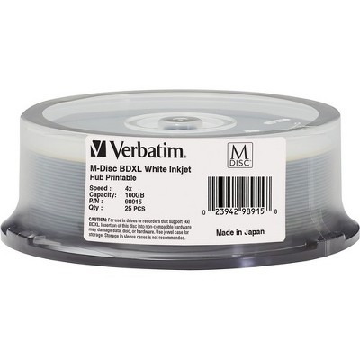 Verbatim M DISC BDXL 100GB 4X White Inkjet Hub Printable - 25pk Spindle