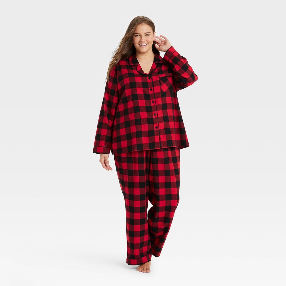 Women's Holiday Buffalo Check Plaid Flannel Matching Family Pajama Set - Wondershop Red 2X