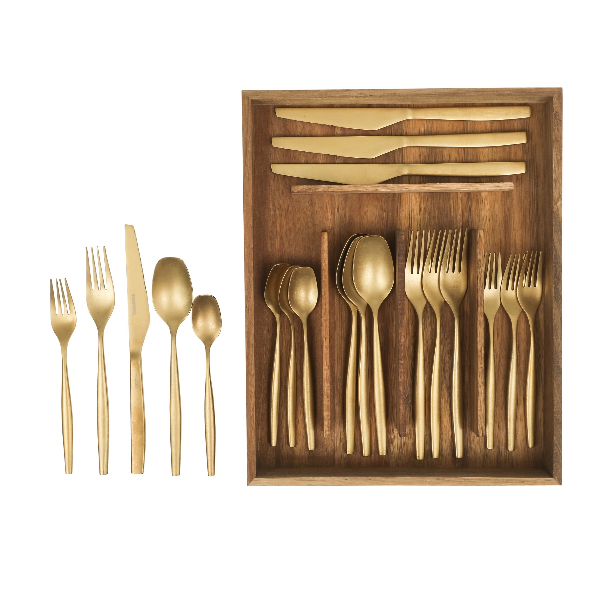 Cutlery Utensil Set With Acacia Wood Caddy - Service for 4