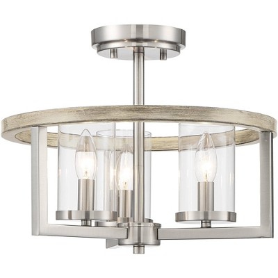 Senna Brushed Nickel and Gray Wood 17" Drum Ceiling Light with Clear Glass