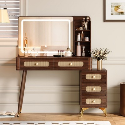 SKRAN 47" Vintage Makeup Vanity with Mirror, Dressing Table with 5 Rattan Drawers, Storage Shelf and Sturdy Metal Feet for Makeup Room and Bedroom