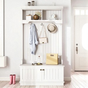 Mshliw 4-in-1 Hall Tree with Storage Bench and Coat Hooks, Entryway Organizer with Shoe Cabinet, Shelves, and Seating for Hallway or Mudroom - 1 of 4