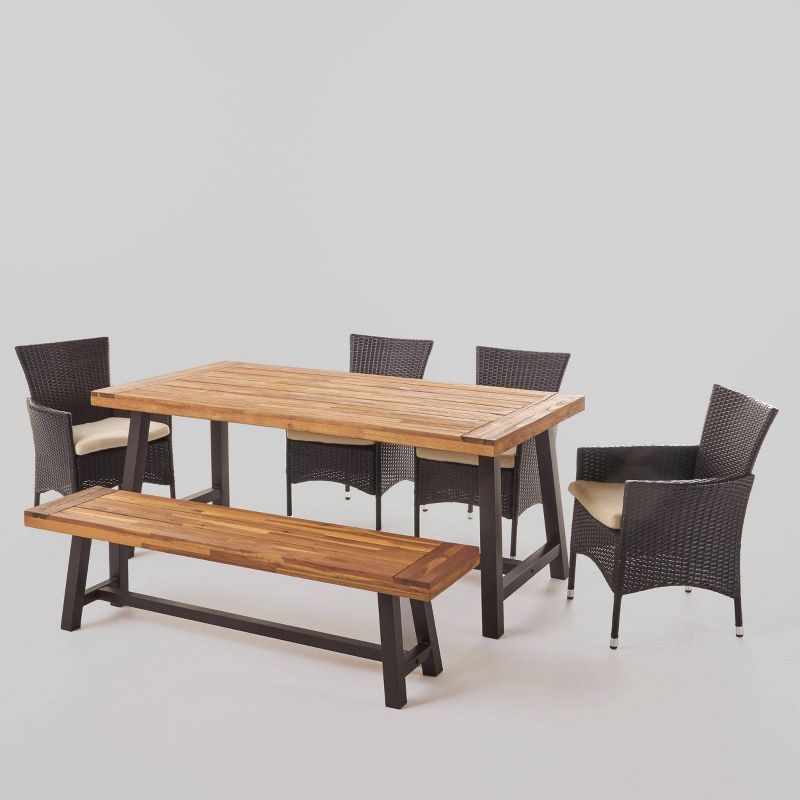 Linden 6pc Acacia Wood & Wicker Patio Dining Set - Brown - Christopher Knight Home, 3 of 11
