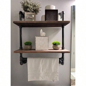Industrial Pipe Shelf 2 Tiered Metal Towel Racks Bathroom 20 Inch Rustic Wood Wall Mount Shelf with Bar Iron Towel Holder - 1 of 4