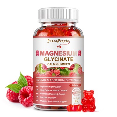 GreenPeople Magnesium Glycinate Gummies 400mg, with Magnesium Malate, CoQ10 for Calm Mood & Sleep, 60 Count (Raspberry Flavor)