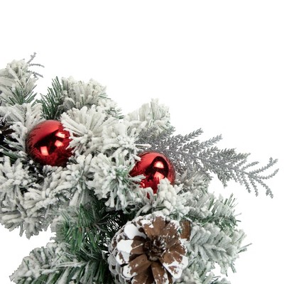 Flocked Pine with Red Ornaments 24-Inch Artificial Christmas Wreath