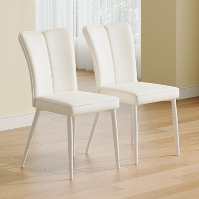 AZL1 Life Concept Accent Chairs 2 Modern Minimalist Dining Chair, PU Leather Curved Back, Seat Cushion, White Metal Chair Legs, White, 17.3"*17.7"*35"