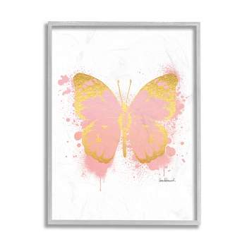 Stupell Industries Glam Pink Gold Butterfly Abstract Paint Splatter Gray Framed Giclee, 16 x 20