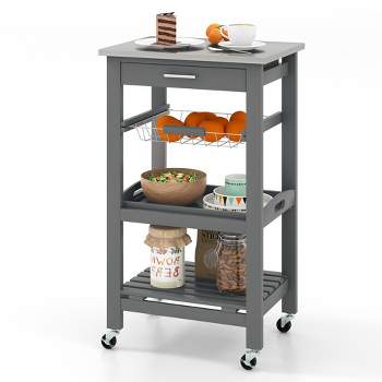 Costway Compact Kitchen Island Cart Rolling Service Trolley with Stainless Steel Top Basket
