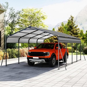 Real Relax Metal Carport, Heavy Duty Car Port, All-Weather Outdoor Storage Trucks, Boats, Cars, Galvanized Steel Roof, Vertical Stripe Design - 1 of 4
