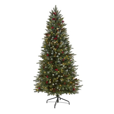 Nearly Natural 6' Snow Tipped Portland Spruce Prelit LED Artificial Christmas Tree with Frosted Berries and Pinecones