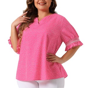 Agnes Orinda Women's Plus Size Boho Smocked Short Puff Sleeve Ruffled Cuff Spring Summer Polka Dots Blouses - 1 of 4