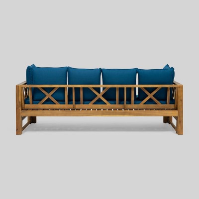 Long Beach Acacia Wood Extendable Daybed Sofa with Teal Cushions