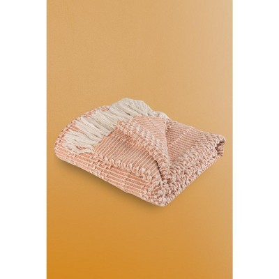 Blush and White Cotton Knotted Fringe Throw Blanket, 50x60
