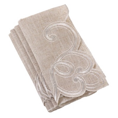 Beige Linen Blend Embroidered Scallop Napkin Set of 4