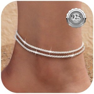 Sterling Silver Ankle Bracelets for Women, Layered Waterproof Anklet,Adjustable - 1 of 4