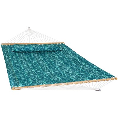 Sunnydaze 2-Person Quilted Printed Fabric Spreader Bar Hammock/Pillow with S Hooks and Hanging Chains - 450 lb Weight Capacity - Cool Blue Tropics