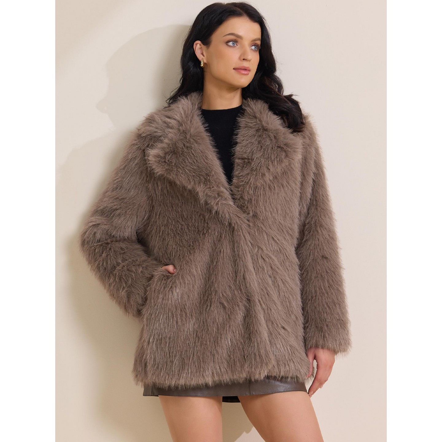 Женская куртка INSPIRE CHIC Faux Fur Long Sleeve Lapel Winter Fuzzy Shaggy Jacket Medium Coffee — фото 3
