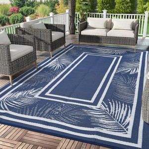 Outdoor Plastic Straw Rug Large Washable Floor Mat Bordered Leaves Waterproof Reversible Rug for Beach Patio Camping Backyard Deck - 1 of 4