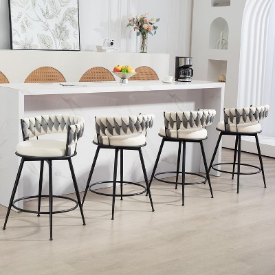 DYHOME 24 inch Bar Stools Set of 4, Modern Counter Height Bar Stools, 360° Swivel Suede Fabric Stool Chairs with Woven Back and Footrest