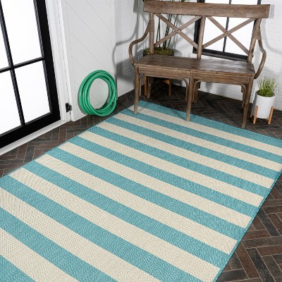 Aqua and Cream Wide Stripe Synthetic Indoor/Outdoor Rug 3x5