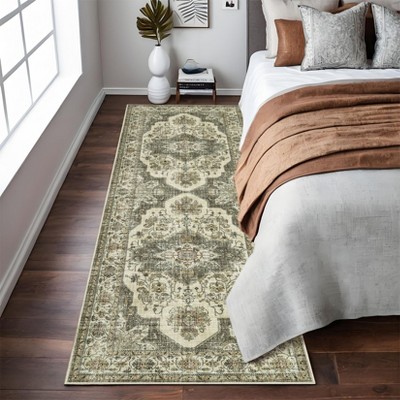 Washable Living Room Rug Vintage Rug Traditional Floral Distressed Accent Carpet Low Pile Non-Slip Floor Mat