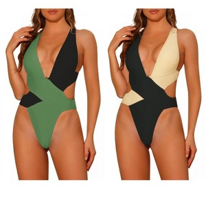 INSPIRE CHIC Women's Color Block Deep V Neck Criss Cross Back Swimwear Bathing Suit Monokini 2 Sets - 1 of 4