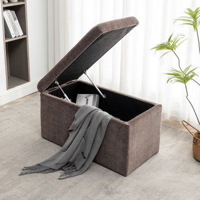 Fawn Brown Polyester Rectangular Storage Ottoman with Edge Stitching