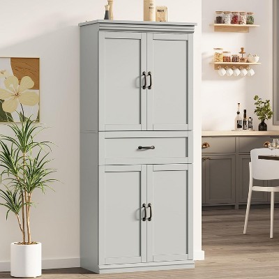 70" Tall Kitchen Pantry Cabinets, with 4 Doors, 2 Adjustable Shelves, 1 Drawer, Freestanding Cupboard, Modern Storage Cabinet, for Dining Room, Gery