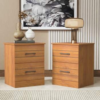 Galano Elis 2 Drawers Nightstand in Ivory with Knotty Oak, Amber Walnut (Set of 2)
