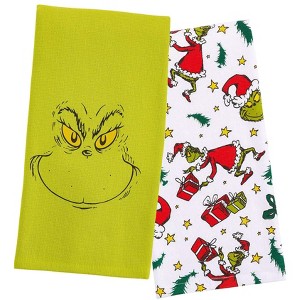 Dr. Seuss The Grinch Dish Towel Holiday Motif Grinch Face 2-Pack Kitchen Towel Set Multicolored - 1 of 4