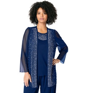 Roaman's Women's Plus Size Mesh Overlay Cardigan And Tank Set. - 1 of 4