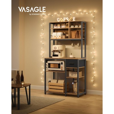 Rustic Brown and Black Adjustable Particle Board Bakers Rack with Charging Station