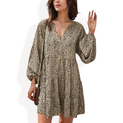 Anna-Kaci Women's Leopard Print Mini Dress with Long Lantern Sleeves for Casual Looks