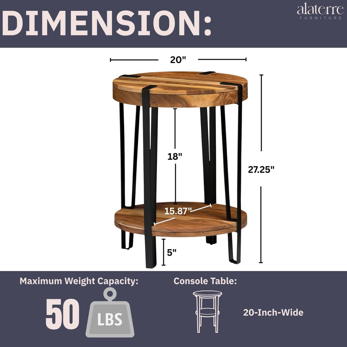 Alaterre Furniture 21" Ryegate Natural Brown Live Edge Solid Wood Round End Table Metal And Wood - thumbnail 4