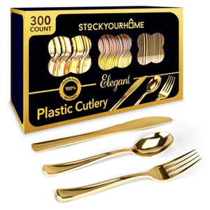 Stock Your Home 300-Pack Gold Plastic Cutlery Set- 100 Forks, 100 Knives, 100 Spoons - 1 of 4