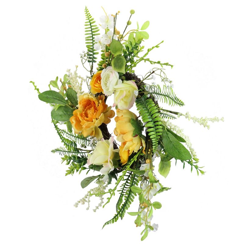 Northlight Hydrangea and Rose Twig Artificial Floral Wreath, Orange 16-Inch, 3 of 4