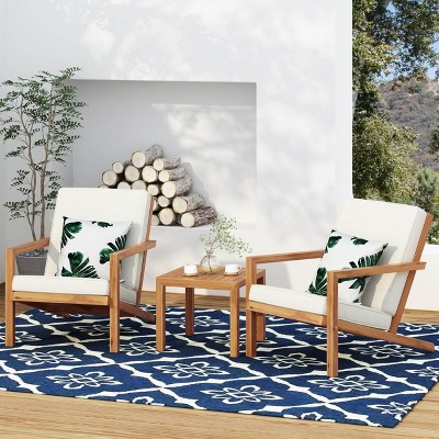 Angel Sar 3 Piece Patio Set, Acacia Wood Patio Table and Chairs Set with Waterproof Cushion, Teak