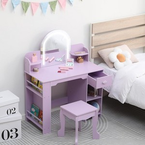 Kids Vanity with Mirror, 2 in 1 Little Girls Vanity Table & Stool, Kids Makeup with Bookshelf, Drawer & Open Shelves - 1 of 4
