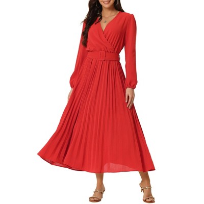 Seta T Women's Long Lantern Sleeve Wrap V Neck Flowy Ruffle Pleated Maxi Dresses