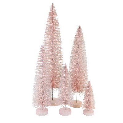 Christmas 19.0" Pink Iridescent Trees Bottle Brush Set Of 5  -  Decorative Figurines