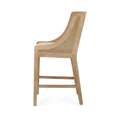 Beige Wood and Cane Upholstered Counter Stools, Set of 2