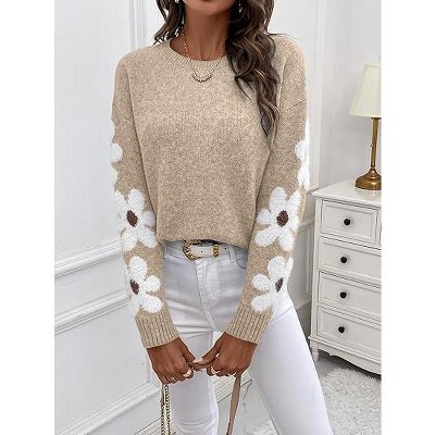 Women's Sweater Pullover Long Sleeve Crewneck Flower Loose Knit Blouse