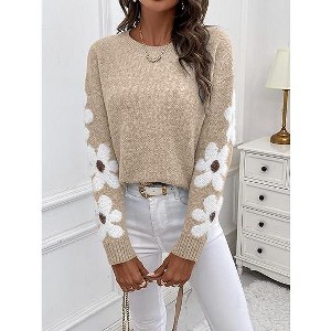 Women's Sweater Pullover Long Sleeve Crewneck Flower Loose Knit Blouse - 1 of 4